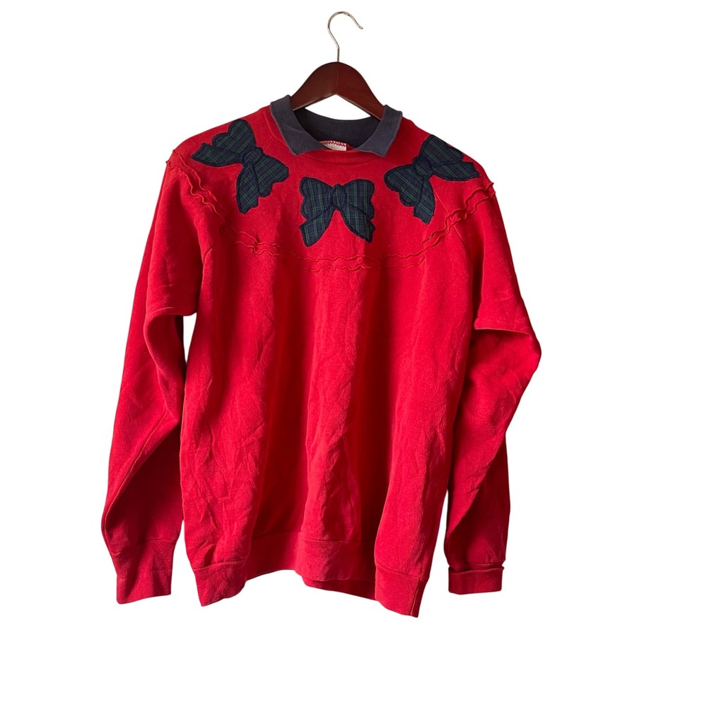 Vintage 80s cottagecore Red‎ Plaid Bow Collar Sweatshirt Women's XL Festive